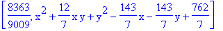[8363/9009, x^2+12/7*x*y+y^2-143/7*x-143/7*y+762/7]